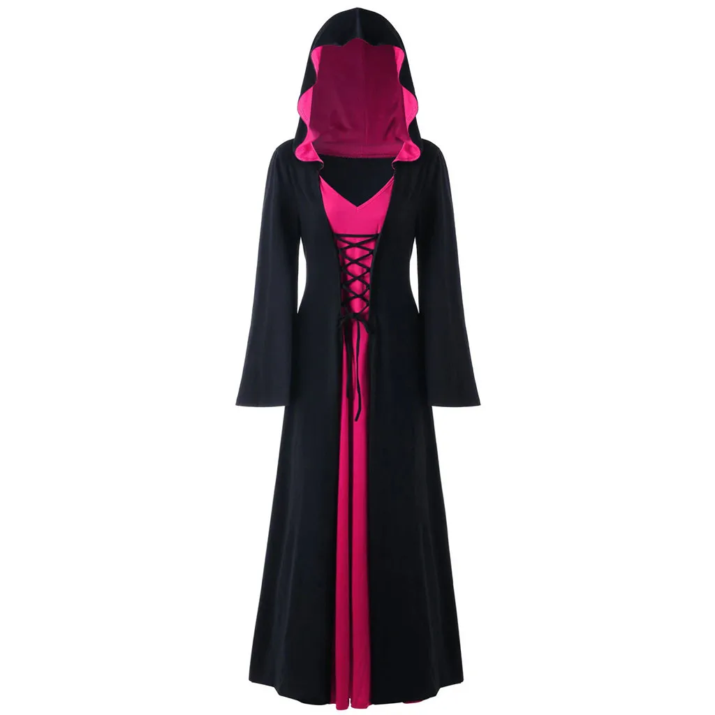 

Fashion Women Dress New Halloween Plus Size Hooded Lace Up Patchwork Long Sleeve Long Dress