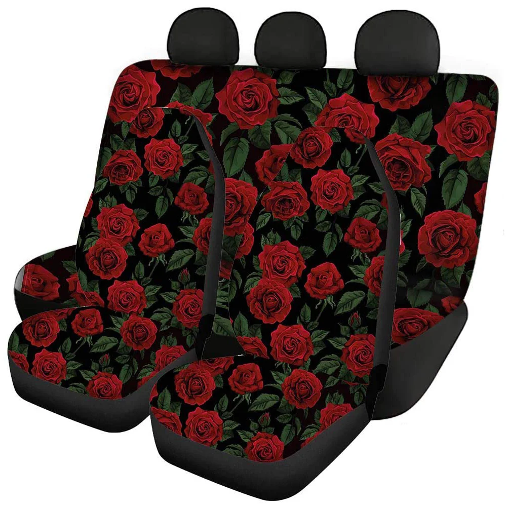 INSTANTARTS Red Rose Flower Pattern Washable Front/Back Seat Cover Set