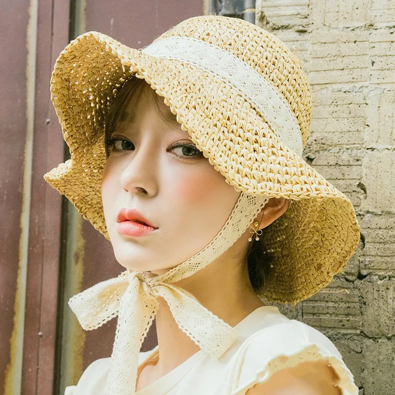 

Korean Women's Summer Handmade Crochet Sun Hat Lace Beach Topee Foldable Summer Hat Seaside Large Brimmed Bucket Hat