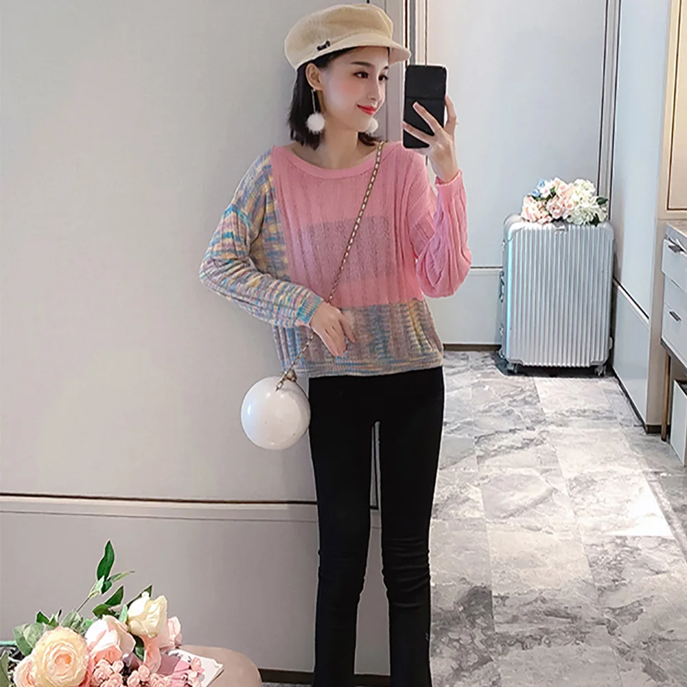 

Long Sleeve Color Matching Thin Crew Neck Short Autumn Pullover Asymmetric Women Sweater
