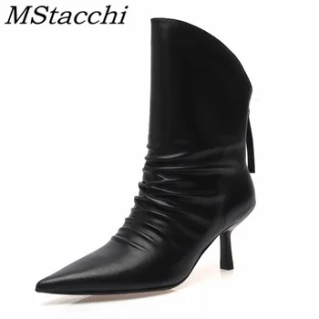 

Mstacchi Pleated Back Zipper Pointed Solid Color Women Short Boots 2020 New Thin Heels Fashion Leisure Ladies Shoes Buty Damskie