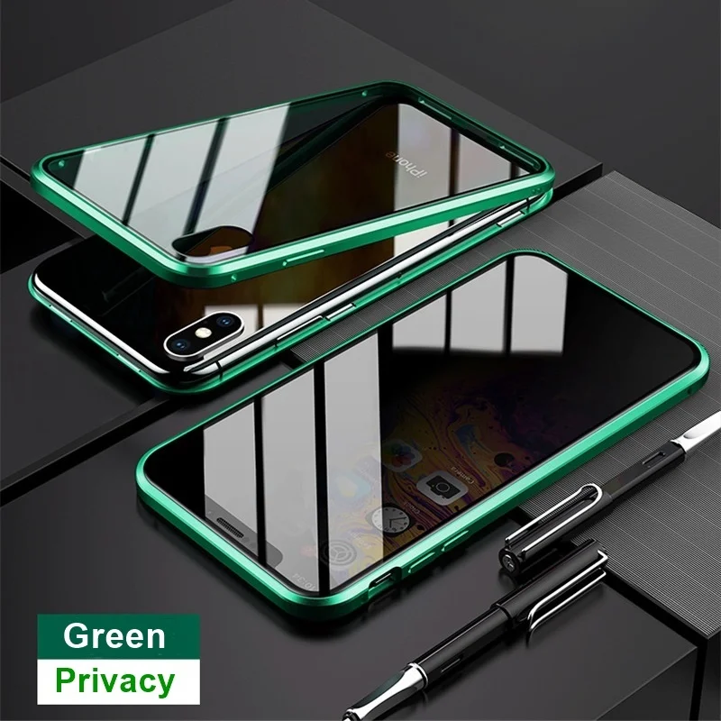 Магнитный чехол для Iphone 11 Pro Max XS MAX XR X 7 8 Plus, магнитный металлический двухсторонний чехол из закаленного стекла 360 - Цвет: green