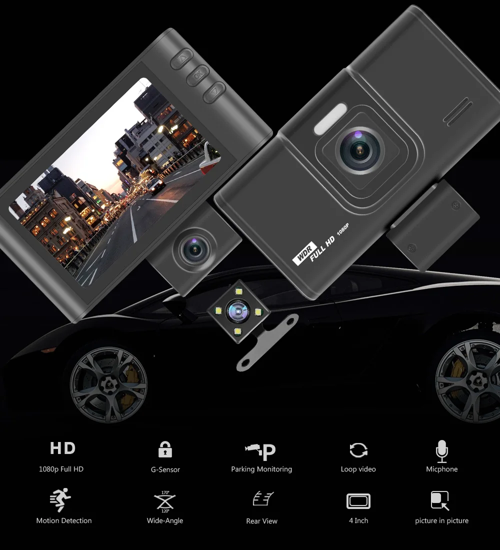 Автомобильный видеорегистратор 3 камеры объектив 4,0 дюймов Dash Cam двойной объектив с заднего вида Автомобильный видеорегистратор регистратор Dvrs g-сенсор ночная версия