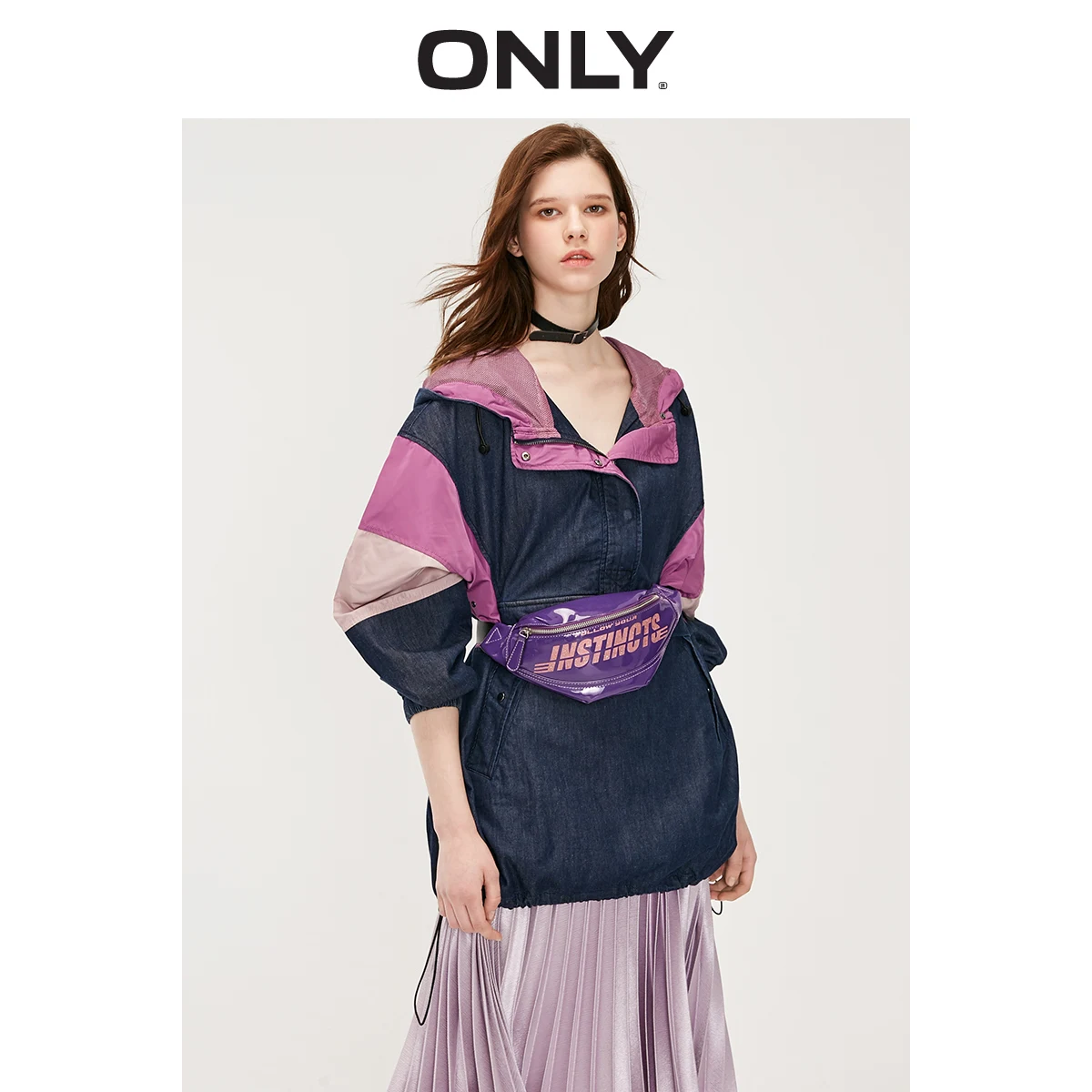 low cost ONLY Autumn Winter Women's Loose Fit Contrasting Splice Hooded Denim Jacket 119154511