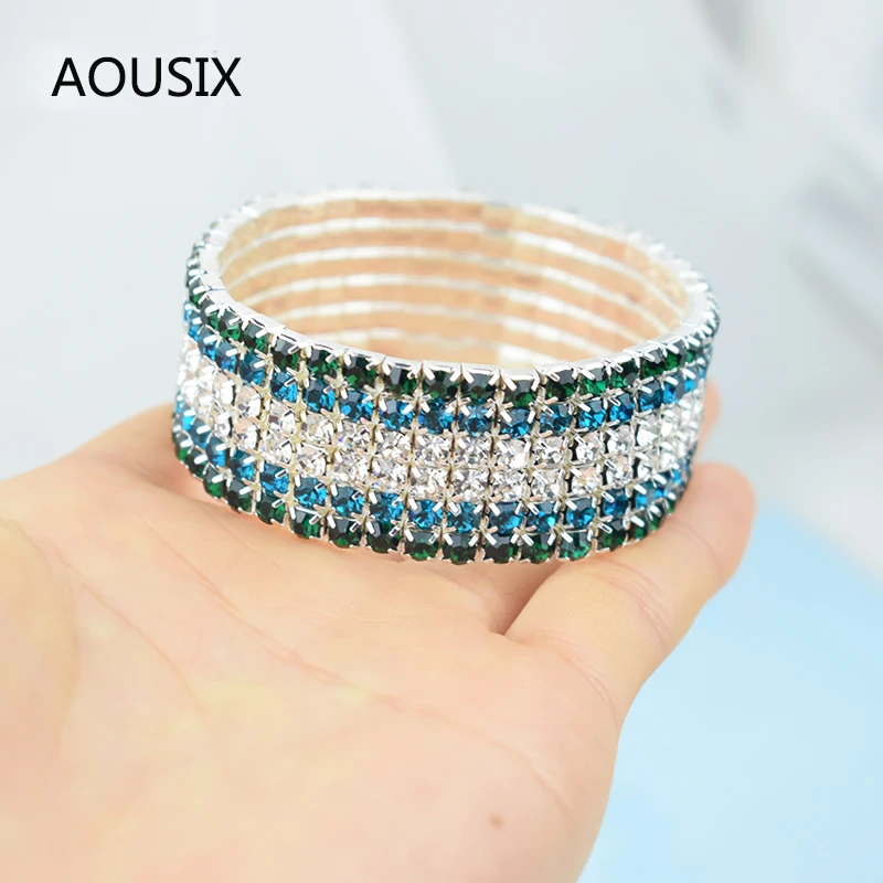 Fashion 6 Rows Full Crystal Rhinestone Elastic Bracelet Royal Blue Wide Bracelet Bling Wristband Women Wedding Bridal Jewelry 5