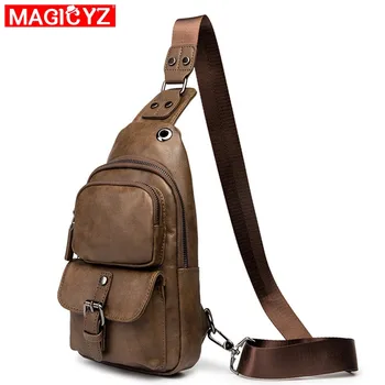 

Men's Chest Bags male double Shoulder bag vintage Quality leather Crossbody Bags for men Short Trip bag With headphone jack