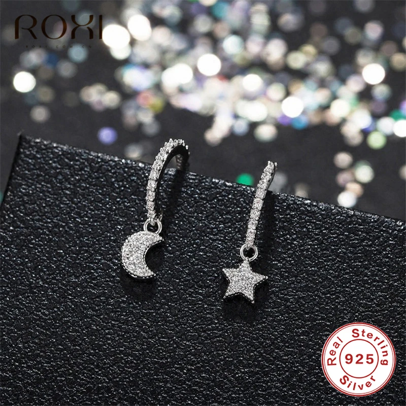 ROXI, модные, 925 пробы, серебряные, CZ, кристалл, звезда, луна, серьги-гвоздики для женщин, корейский стиль, асимметричные серьги, рождественские украшения