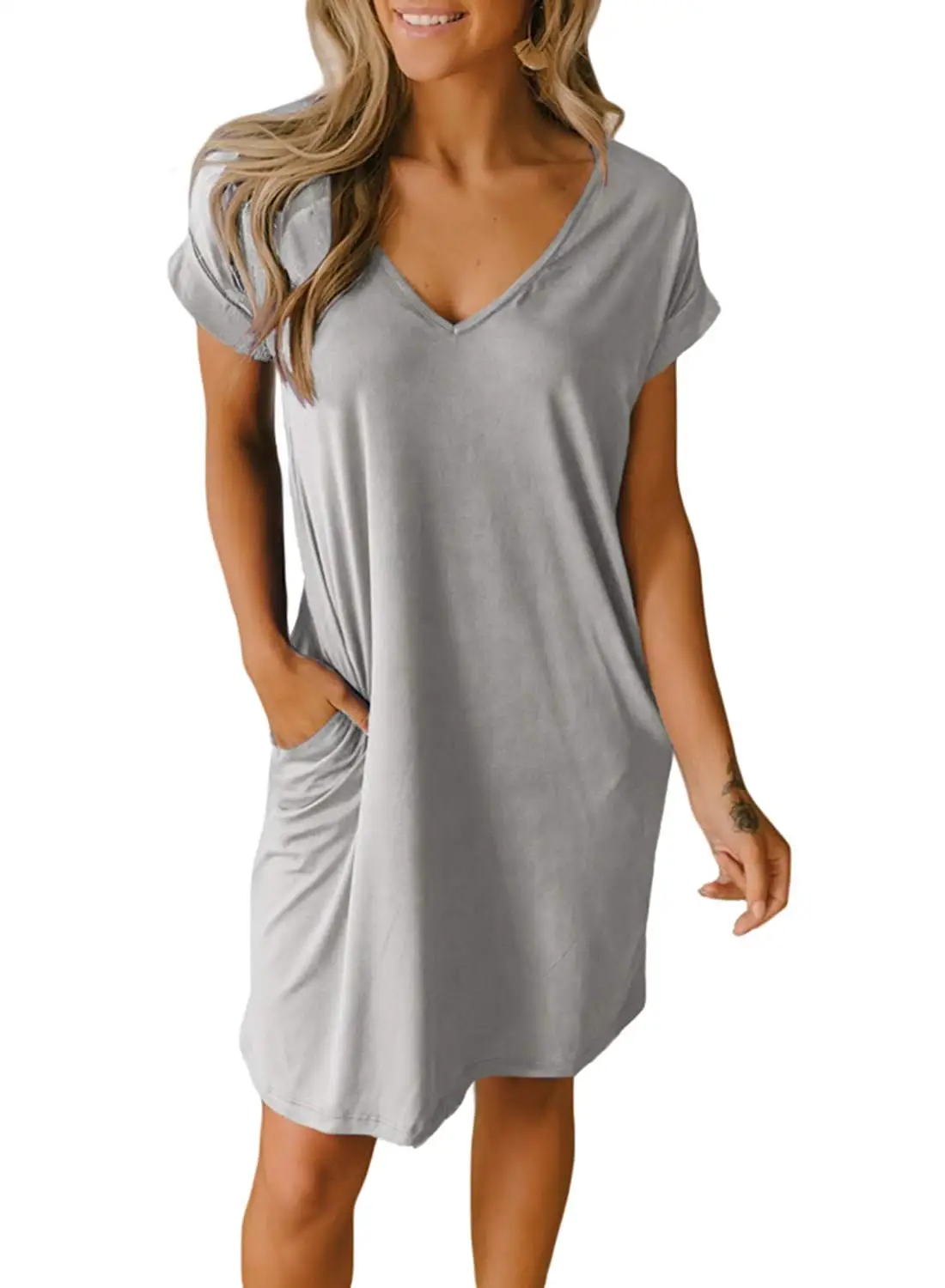 

Women V-Neck Short Sleeve Solid Color Loose Fit T-Shirt Tunic Dress with Two Side Pockets