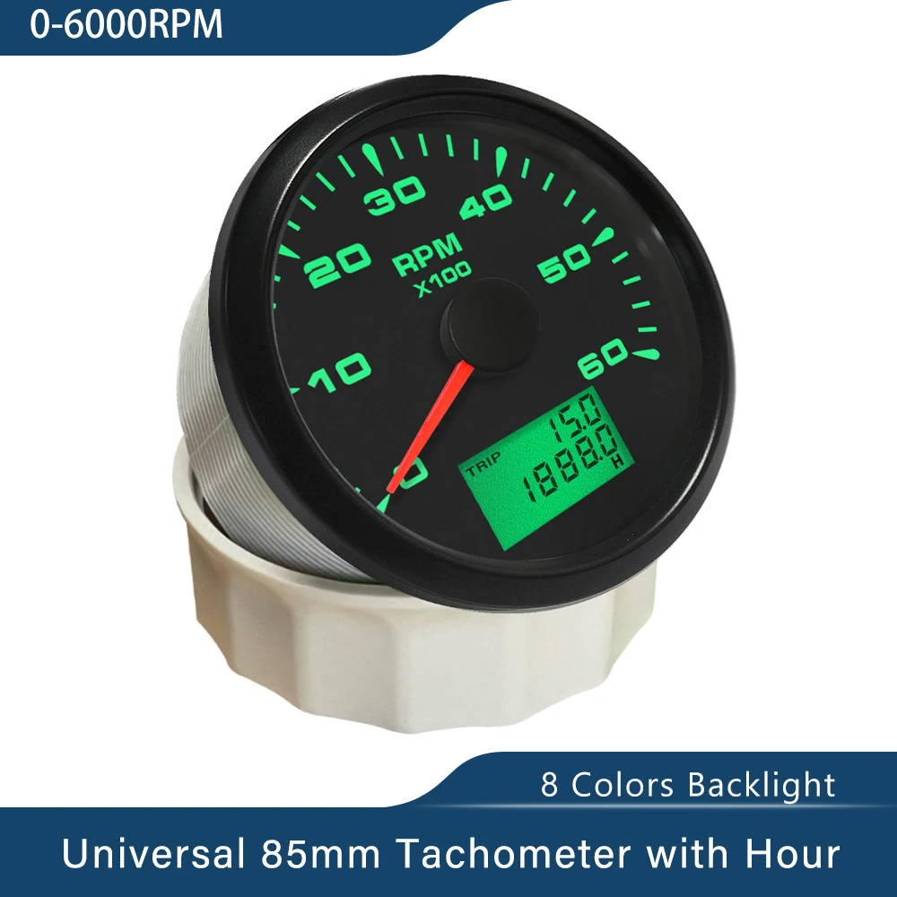85mm Marine Tachometer Car Boat Tacho Gauge Digital Hourmeter 0-6000RPM 8 Colors 