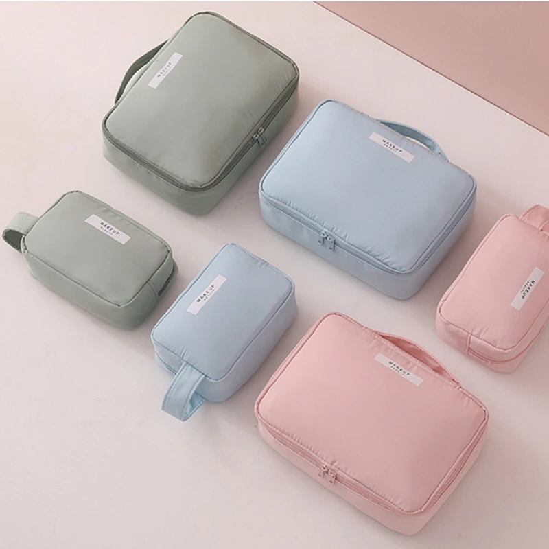 

Fashion Portable Solid Color Makeup Bag Cosmetic Storage Organizer Waterproof Grid Women Girl Zipper Wash Beauty Make Up Case