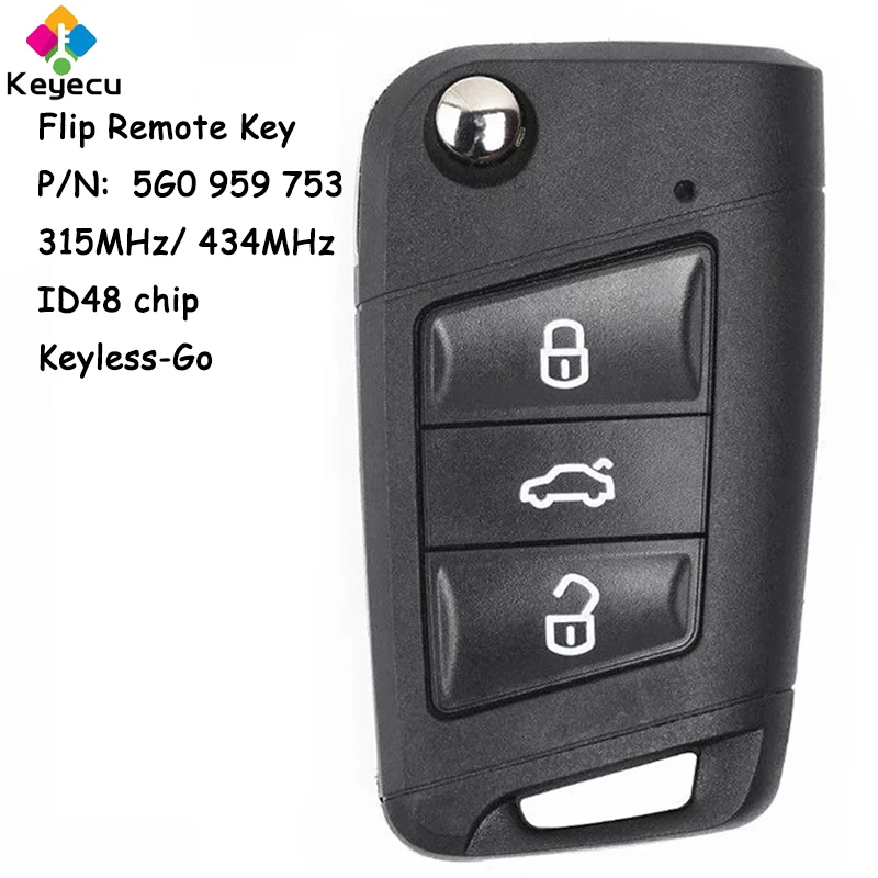 

KEYECU Keyless-Go Flip Remote Key With 3 Button 315MHz 434MHz ID48 Chip for Volkswagen MQB Golf 7 Tiguan Fob P/N: 5G0 959 753