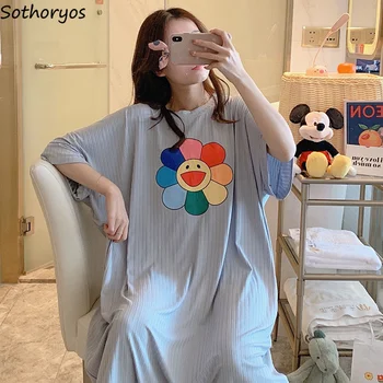 

Nightgowns Women Cartoon Printed Candy Color Loose Short Sleeve Long Plus Size 5XL Ulzzang Home Wear Oversize Soft New Harajuku