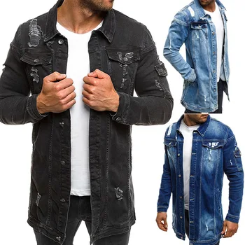 

2019 cotton solid color denim jacket men's spring and autumn casual long men's denim hole jacket men's jacket