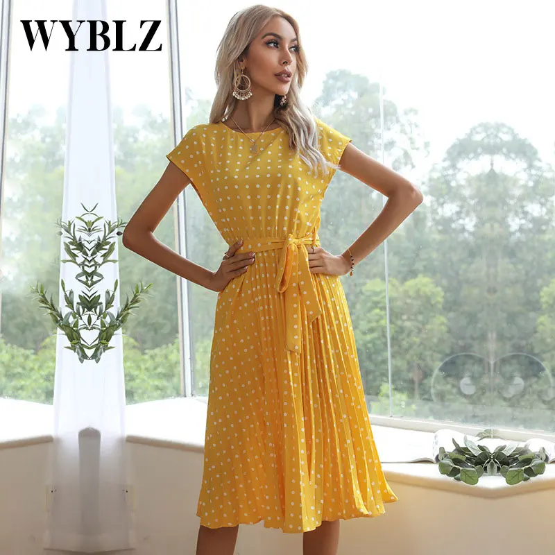 

Woman Summer Dresses 2022 New Fashion Print Polka Dot Casual Pleated Midi Dresses For Women Vacation Elegant Ladies Sundress