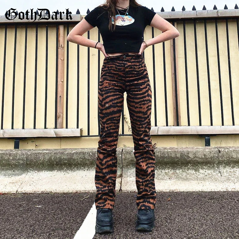 

Goth Dark High Waist Gothic Straight Pants Mall Goth E-Girl Style Stripe Print Vintage Loose Trousers Women Fashion Streetwear