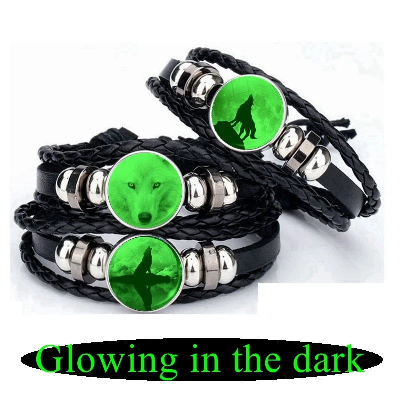 Fluorescence Wolf Bracelet Glowing In The Dark Picture Glass Cabochon Snap Button Black Leather Bangle Droshipping | Украшения и