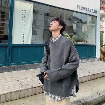 

2019 Autumn And Winter New Front And Rear Slits Lazy Solid Color Sweater Fashion Casual Loose Pullover Black Gray / Red
