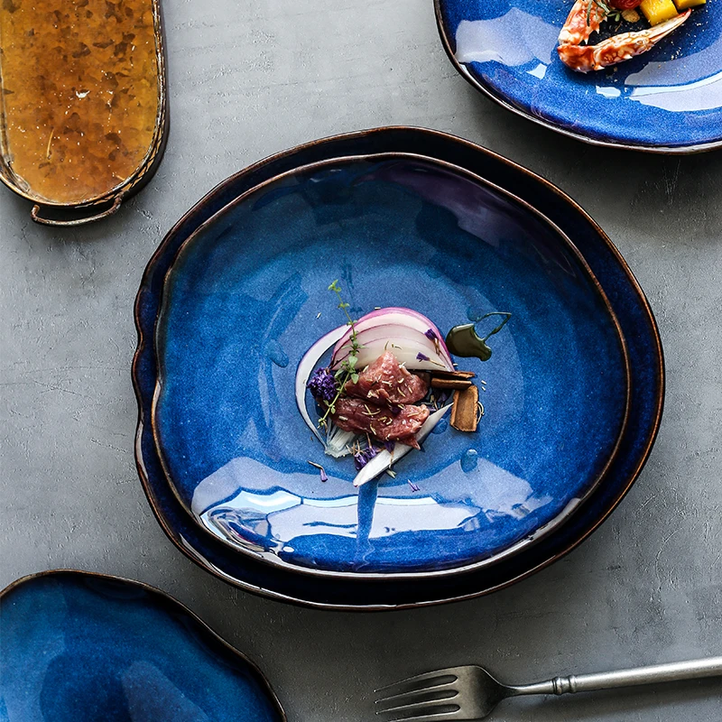 Vajilla de cerámica de estilo retro nórdico, plato de comida de ensalada de  restaurante de casa de bistec occidental ojo de gato color degradado azul  personalidad creativa plato plano de comida lateral
