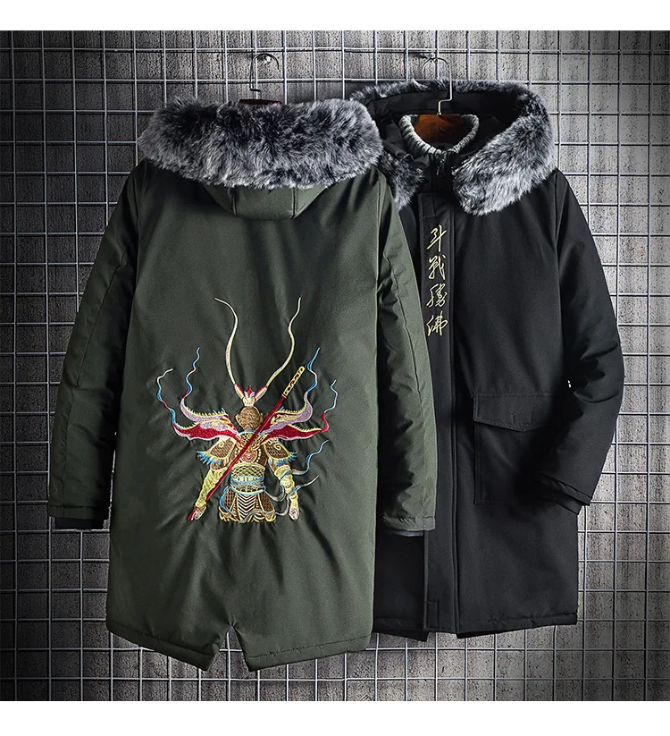 Winter Chinese-style MEN'S Wear Hooded Sun Wukong Embroidered Cotton-padded Jacket Coat Mid-length Large Size Cotton-padded Clot