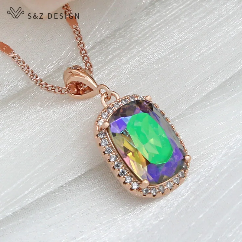 S&Z DESIGN Trendy Cubic Zirconia Square Crystal Pendant Necklace For Women Wedding 585 Rose Gold Color Fashion Jewelry