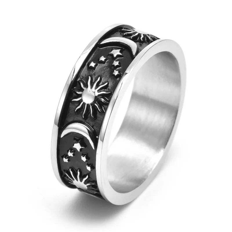 Megin D Stainless Steel Titanium Moon Star Sun Planet Universe Vintage Boho Ins Rings for Women Men Couple Friends Gift Jewelry
