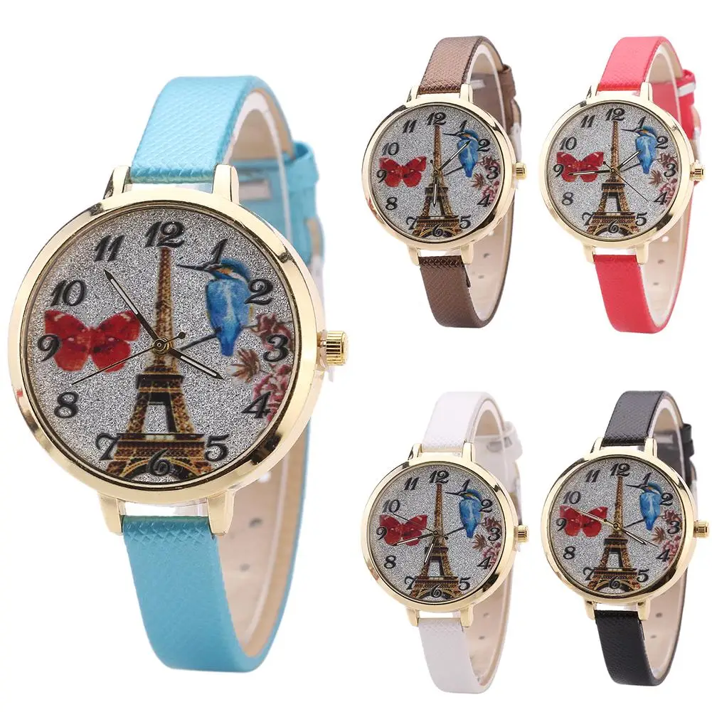 

Paris Eif-fel Tower Bird Round Dial Slim Band Analog Quartz Wrist Watch Lady Gift Ladies Dress Watches Gift Luxury