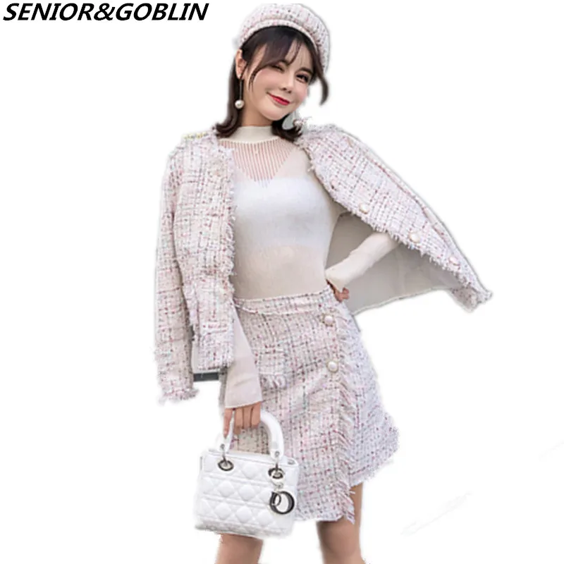 

2019 New Autumn Runway Tweed Suits Tassel Jacket Women Fashion Single Breasted Coat+Winter Irregular Bodycon Skirt 2 Piece Set
