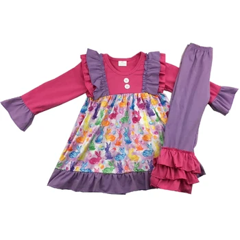 

little girls Easter cute bunny printed long ruffle pants set girl party clothing set