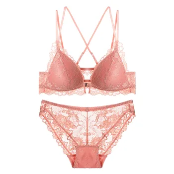 

Sexy Lace Front Closure Bra Cross Backless Thin Cup Triangle Underwear Deep Plunge French Bra and Panties Set Women Lingerie