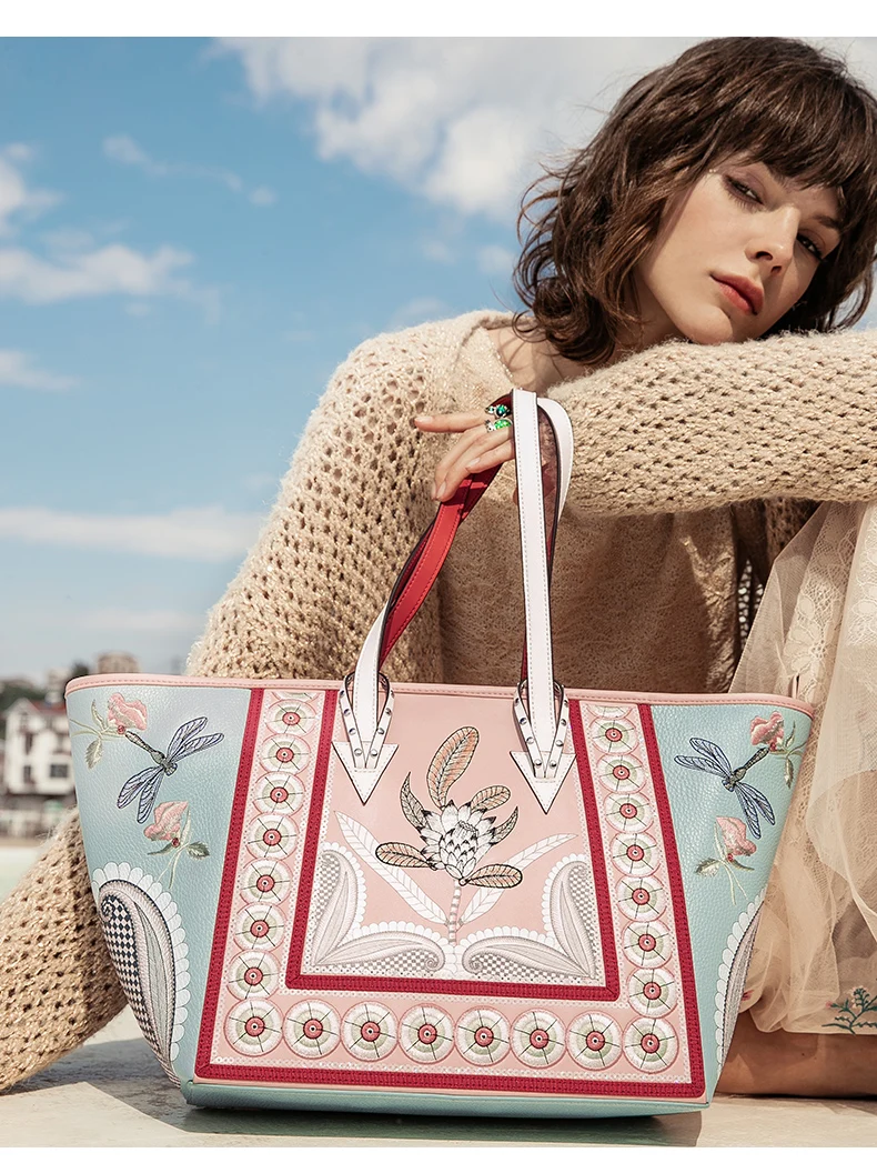LIAN CAN, вместительная Повседневная сумка с вышивкой из натуральной кожи, сумки через плечо, роскошные сумки, женские сумки, дизайнерская Роскошная брендовая сумка