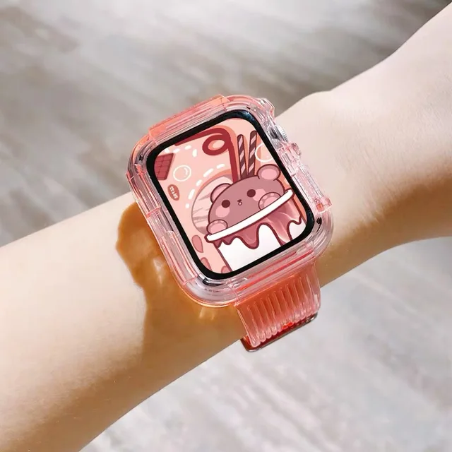Newest Clear Band + Case for Apple Watch Series 7 6 SE 5 4 44mm 42mmTransparent for iwatch Strap 3 2 1  38mm 40mm Plastic Strap INS Pink