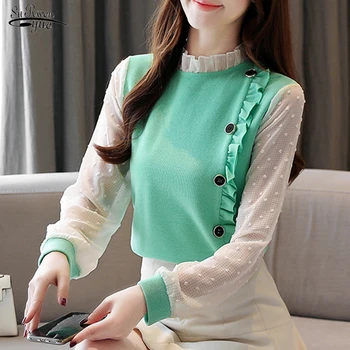 

Winter New Fashion Long Sleeve Women Blouse and Tops Solid Casual Stand Collar with Lace Women Shirts Chemisier Femme 7894 50