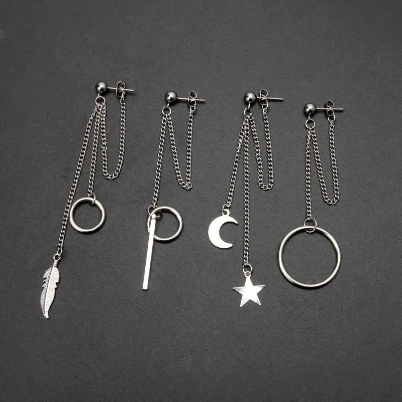 

1Pc Titanium Moon Star Leaf Pendant Double Chain Drop Earring Silver Color Dangle Earrings Korean Jewelry