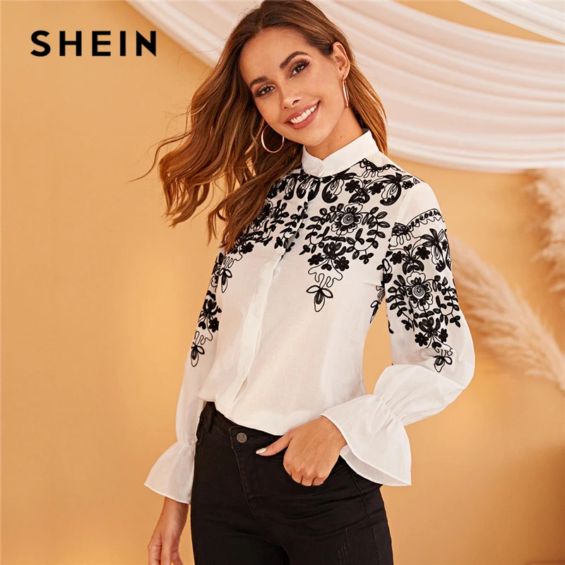 Skup SHEIN czarny i biały haft elegancki stojak kołnierz Shirt kobiet topy 2019 jesień z długim rękawem biuro damska bluzka koszule