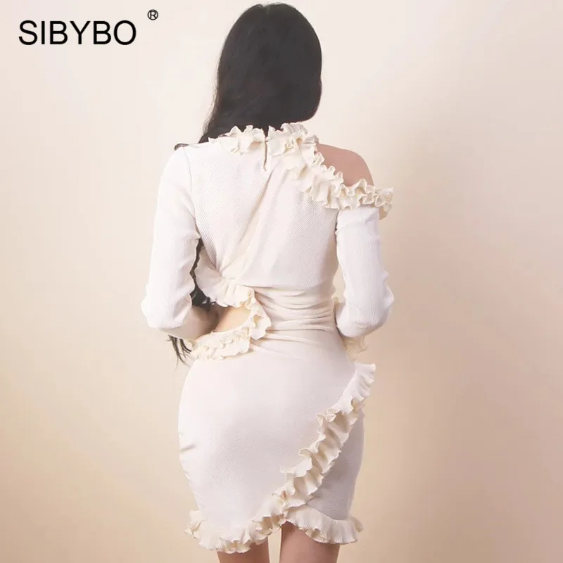 SIBYBO ажурное кружевное ребристые сексуальное платье с мини-юбкой и длинным рукавом осеннее женское платье цельное платье облегающее платье вечерние платья