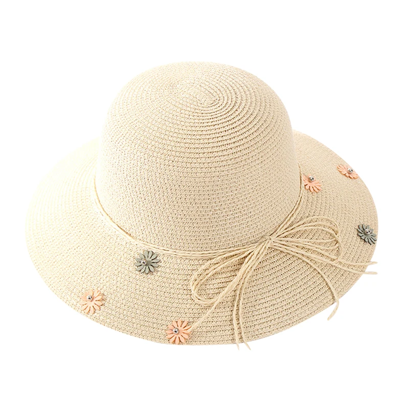 Women beige Корейские соломенные шляпы от солнца для родителей и детей, женская кепка, Пляжная летняя Гибкая шляпа для девочек с бантом, цветочное ведро, шляпы - Цвет: Women beige