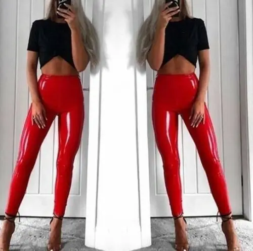 Модные женские брюки из искусственной кожи, женские повседневные брюки с высокой талией, штаны-карандаш с эффектом пуш-ап для тренировок - Цвет: Красный
