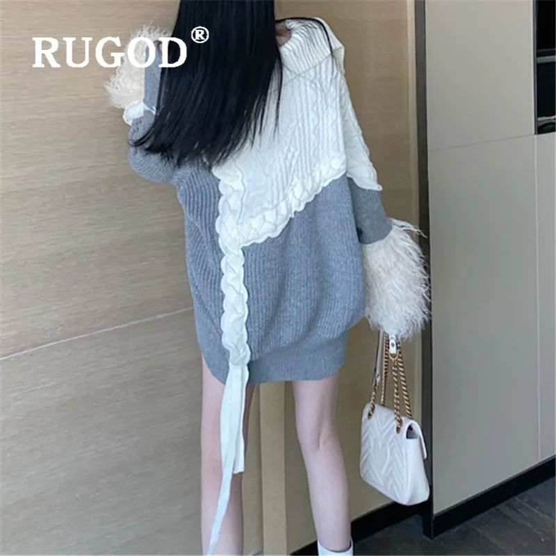 RUGOD, новинка весны, специальное поступление, женский свитер, отложной воротник, пушистый рукав, на молнии, вязаный свитер, твист, пэчворк, туника, мода