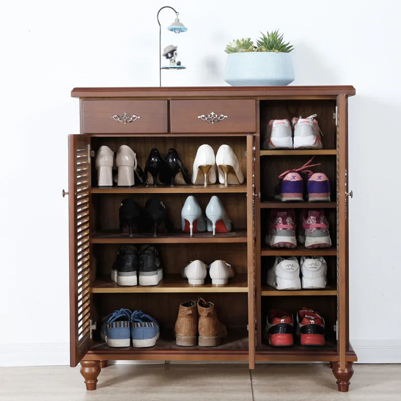 

All Solid Wood Chinese Style Shoe Cabinet Household Multilayer Simple Large-Volume Shoe Rack Multi-functional Shutters Wood Shoe