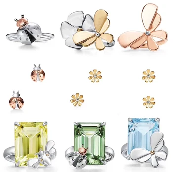 

Love Series S925 Sterling silver Jewelry Fashion seven star ladybug with flower and butterfly love Ring Women luxury gift