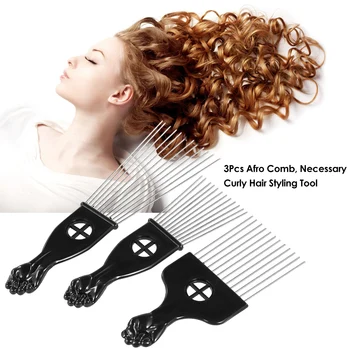 

3Pcs Metal Afro Comb African American Pick Comb Hair Brush Hairdressing Styling Tool Long Teeth Comb Black Fist for Women Hair