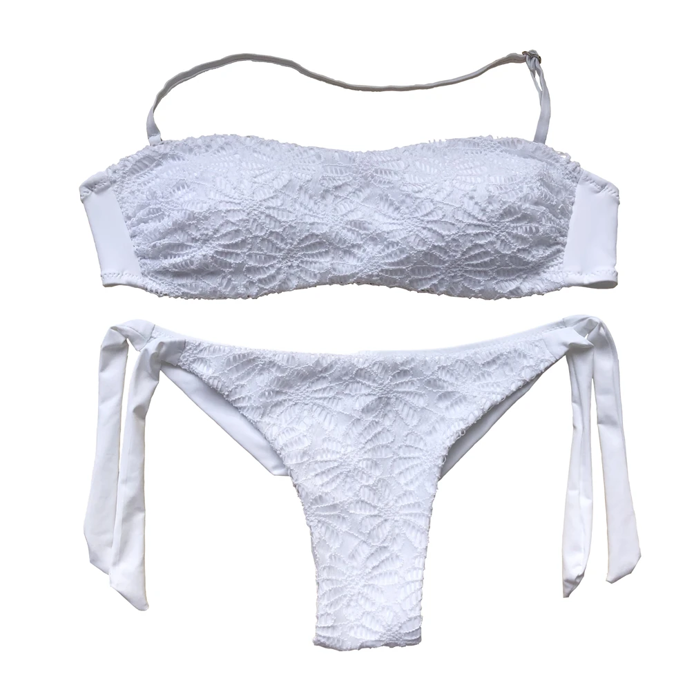 Comprar Conjunto de Bikini de encaje AUYLVY traje de baño para mujer 2020 Sexy Biquini para chica traje de baño de encaje Bandeau String Bottom nuevos trajes de baño femeninos