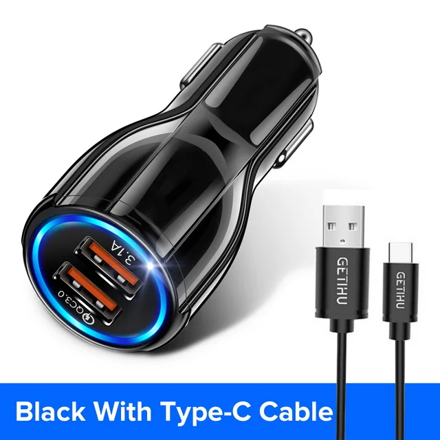 Black with 1m USB C GETIHU 18 Вт 3.1A автомобильное зарядное устройство Quick Charge 3,0 Универсальный двойной USB быстрая зарядка QC для iPhone samsung Xiaomi Мобильный телефон в автомобиле - Тип штекера: Black with 1m USB C