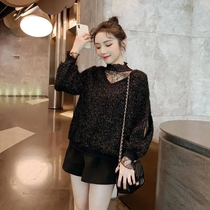 Black sweater 2019 spring new fashion western style V-neck bright silk fight bud red pullover wild tide | Женская одежда