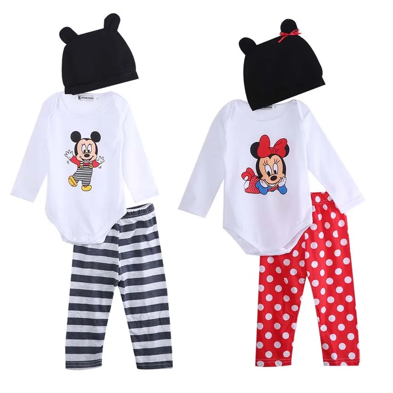 Детские комбинезоны для новорожденных, одежда с мультипликационным принтом Микки Маус и Минни, одежда для маленьких девочек, комплект из 3 предметов для маленьких мальчиков: Топ+ штаны+ шапочка, 0-24 месяца