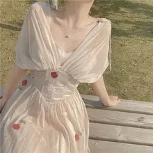 Vestido de verano y otoño para mujer, prenda francesa Vintage con cuello en V, cintura ajustada, punto de onda, rosa, temperamento