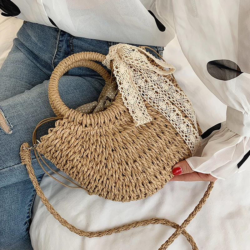 Sac De Plage En Paille Et Rotin Tissé Main - Grande Capacité Bandoulière Brun