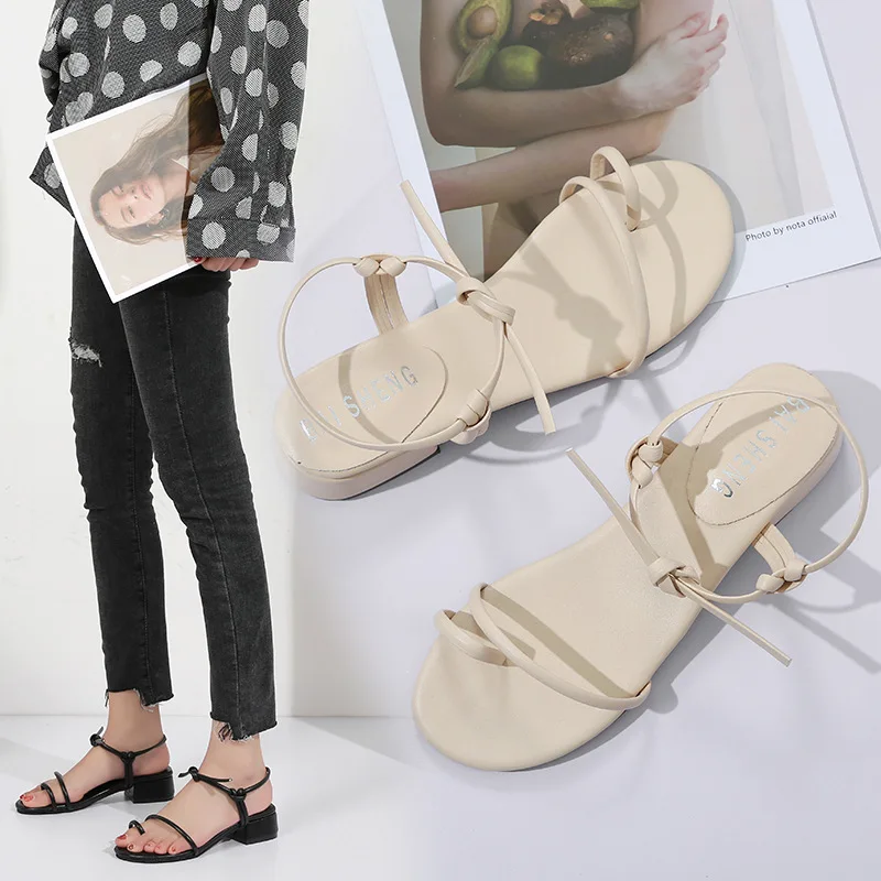 

2019 Summer New Style Korean-style Toe Covering Bandage Cloth Lace-up Flat Gladiator Sandals Fashion Sandals Women's Fashion 182