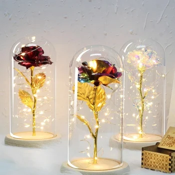 

Beauty And The Beast Red Rose In A Glass Dome On A Wooden Base For Valentine's Gifts LED Rose Lamps Christmas