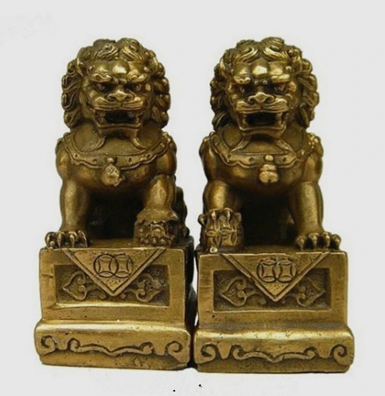 

China Chinese Brass Folk Fengshui Foo Fu Dog Guardion Door Lion Statue Pair